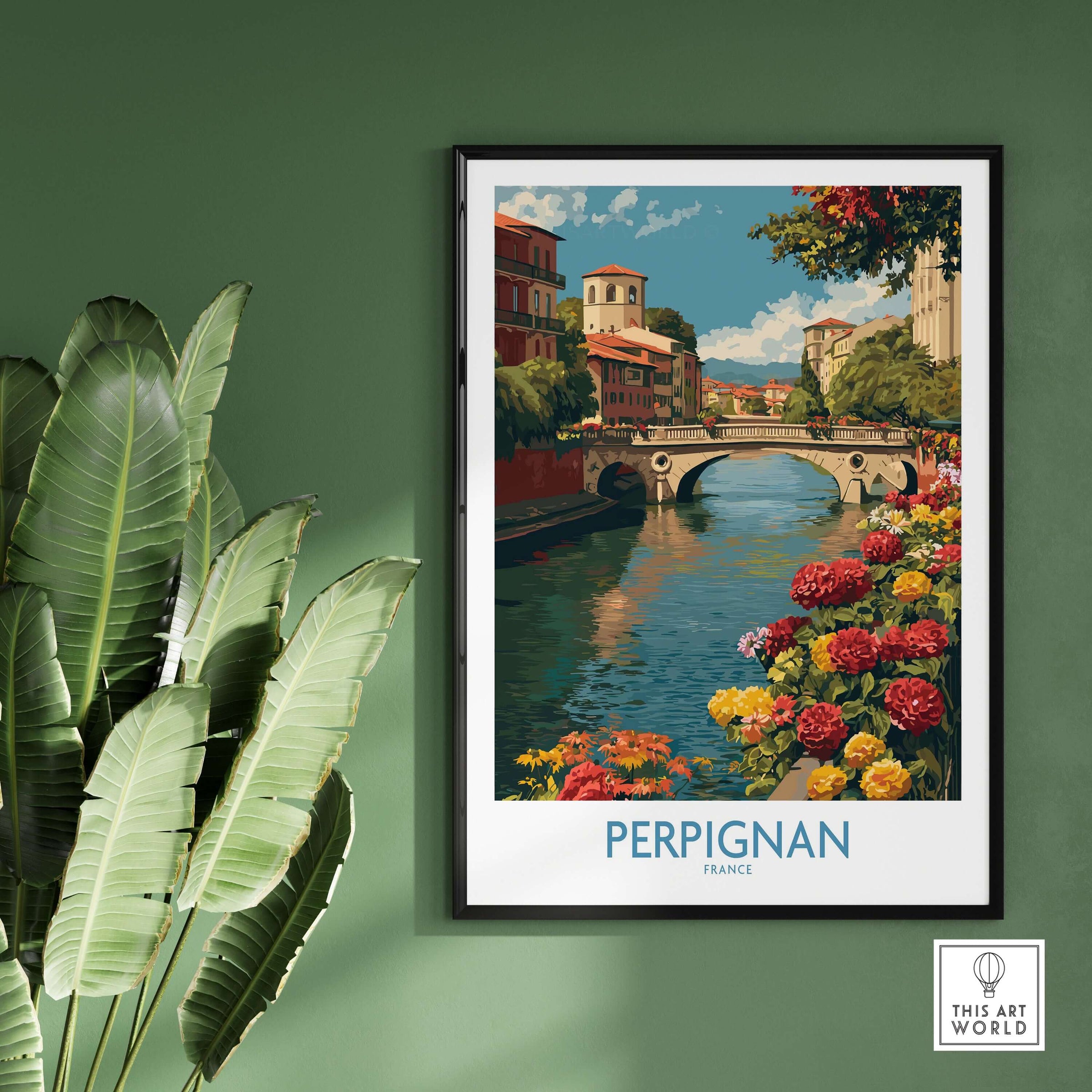 Perpignan River Poster - France Travel Print - Bridge and Flowers Wall Art featuring a picturesque river view with colorful flowers.