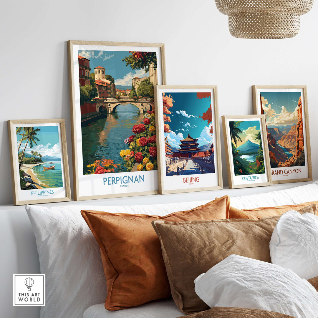 Framed travel posters featuring Perpignan, Beijing, Costa Rica, and the Grand Canyon on a stylish wall.