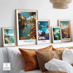 Perpignan River Poster - France Travel Print - Bridge and Flowers Wall Art displayed among other travel prints.