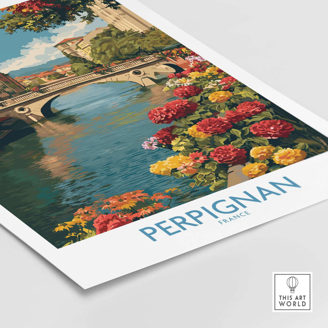 Colorful Perpignan river poster featuring a bridge and vibrant flowers, perfect for home or office decor.