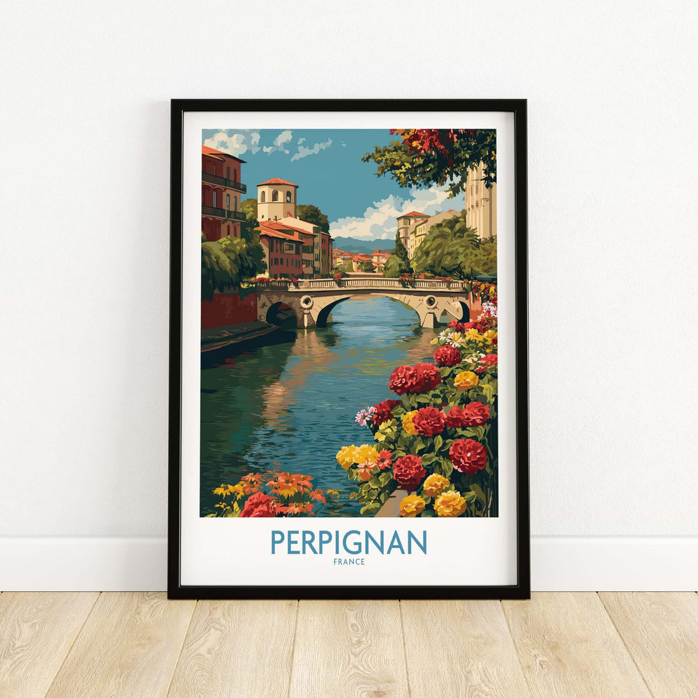 Perpignan River poster featuring a colorful bridge and flowers, a vibrant France travel print for wall art.