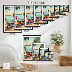 Size guide for Phuket Print showcasing various frame sizes and vibrant tropical designs.