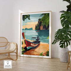 Phuket Print showcasing a vibrant tropical scene with a boat, capturing the beauty of Phuket's beaches.