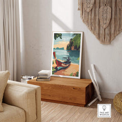 Phuket Print showcasing vibrant colors and scenic beach view in a cozy room setting.
