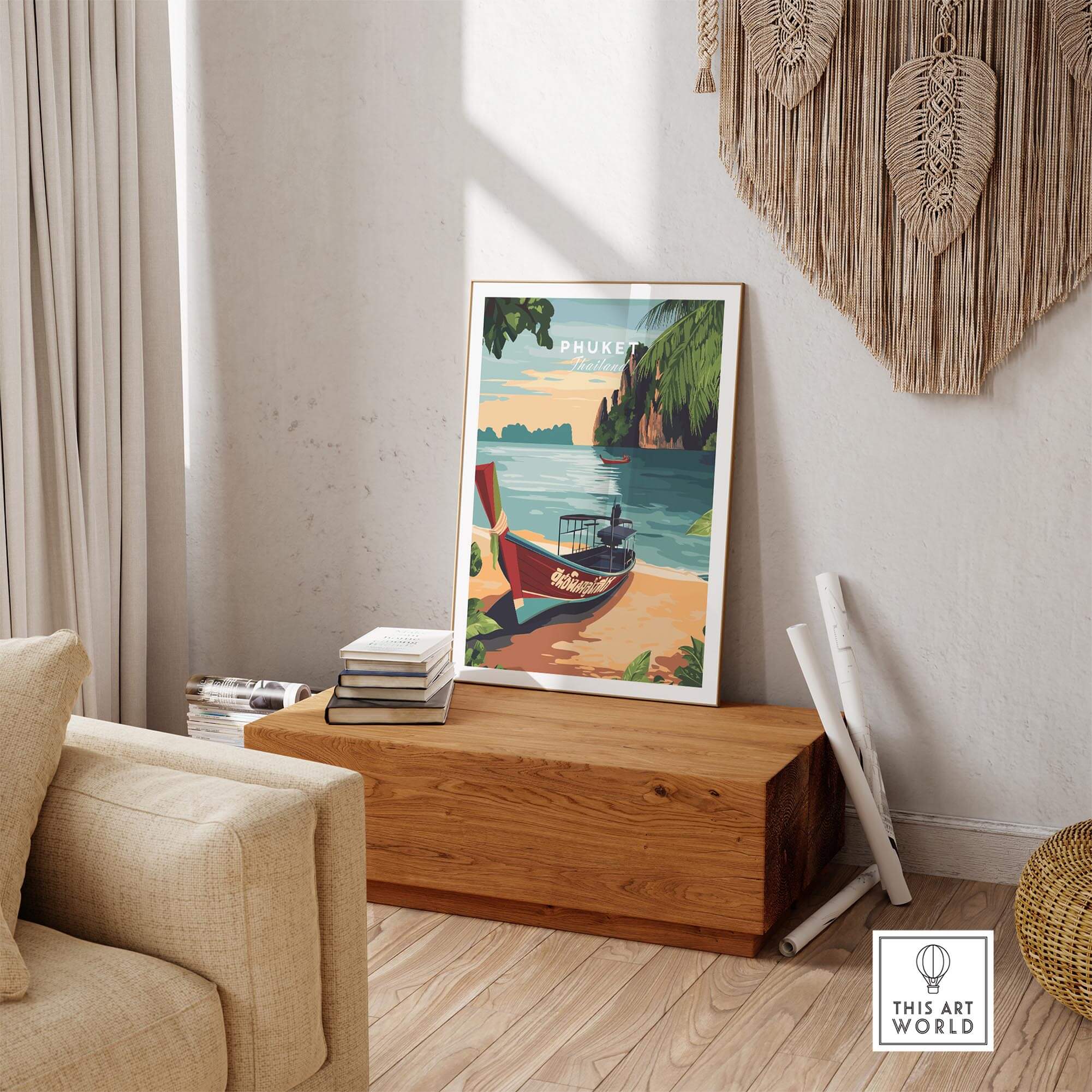 Phuket Print showcasing vibrant colors and scenic beach view in a cozy room setting.