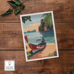 Phuket Print showcasing a vibrant boat on a beach in Phuket, Thailand with tropical landscapes and colorful design.