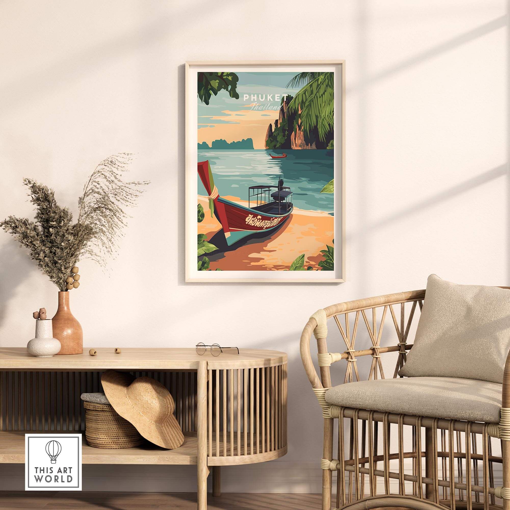 Phuket Print showcasing a vibrant coastal scene with a boat, ideal for travel lovers and art enthusiasts.