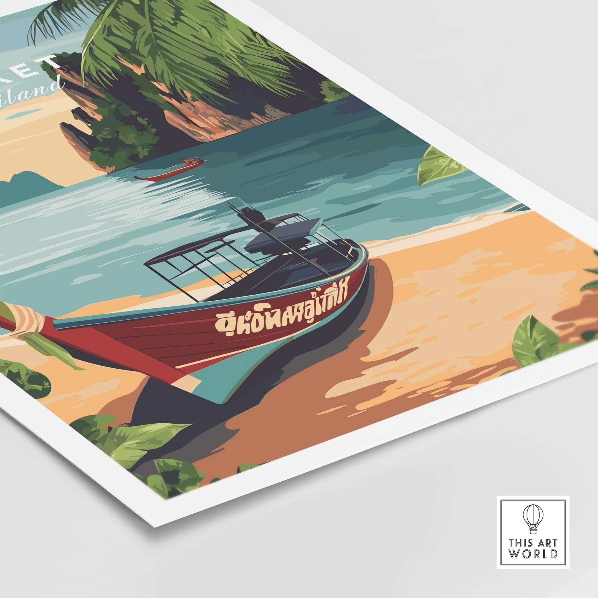 Phuket Print featuring a colorful boat on a tropical beach, capturing the essence of Phuket's vibrant scenery.