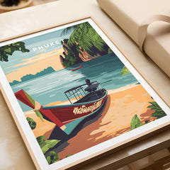 Phuket Print showcasing a colorful beach scene with a boat in Phuket, Thailand, perfect for travel lovers.