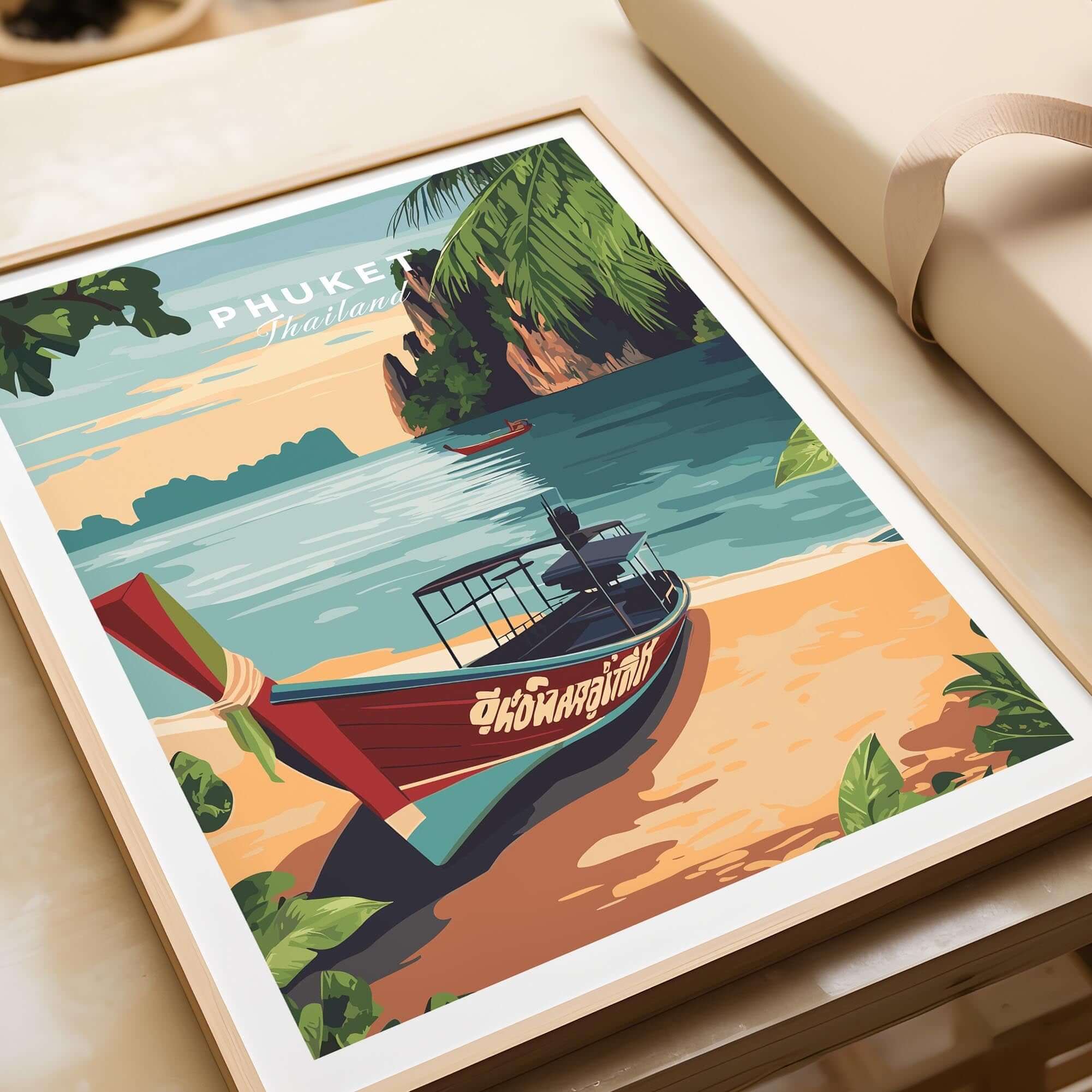 Phuket Print showcasing a colorful beach scene with a boat in Phuket, Thailand, perfect for travel lovers.