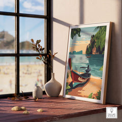 Framed Phuket Print showcasing tropical beach scene with traditional longtail boat and vibrant colors by the window.