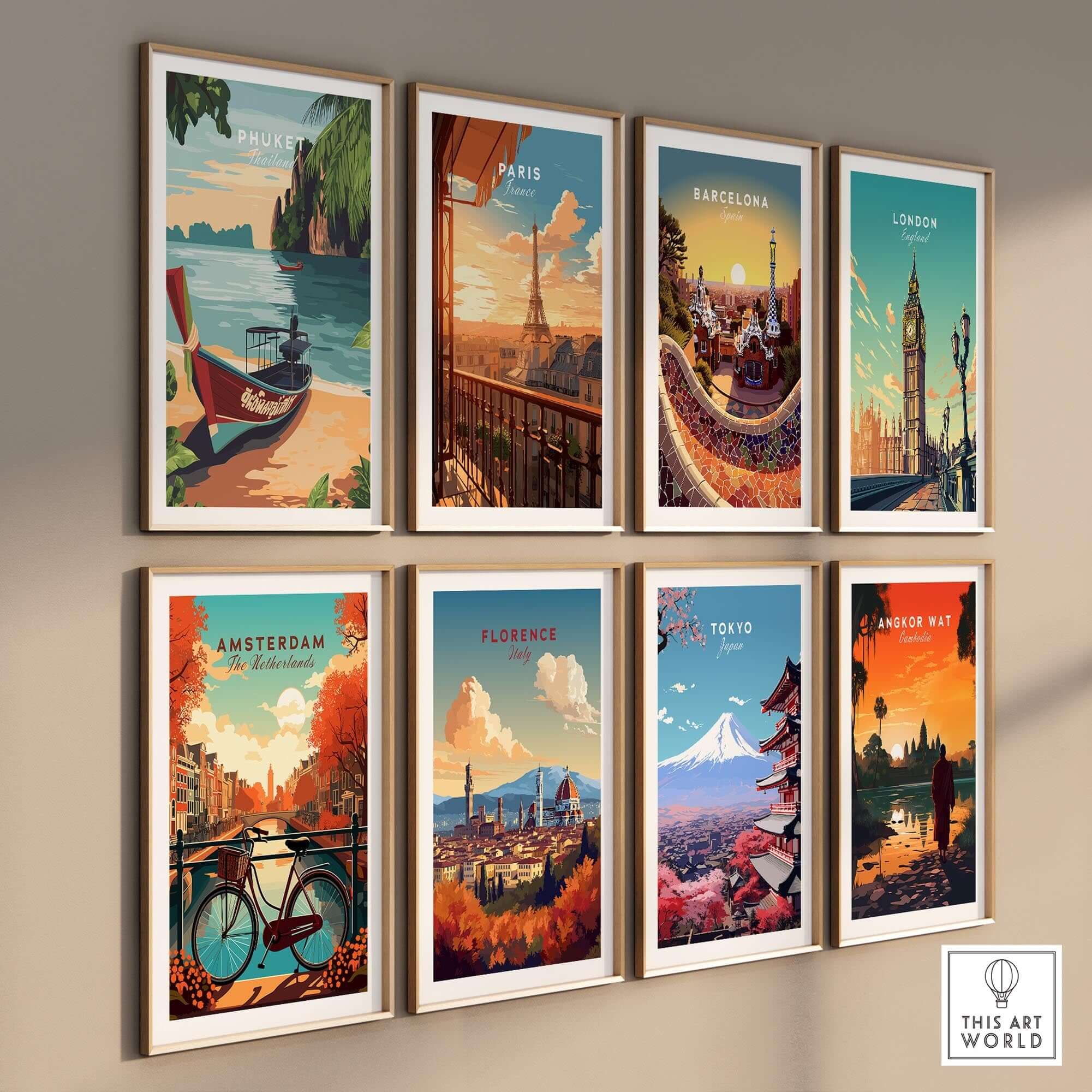 Phuket Print and other city posters displayed in a gallery wall, showcasing vibrant travel art from around the world.