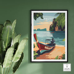 Phuket Print featuring a tropical beach scene with a traditional boat and lush greenery in a vibrant color palette.