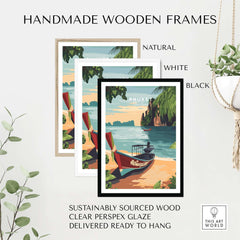 Phuket Print framed in natural, white, and black handmade wooden frames showcasing vibrant tropical scenery.