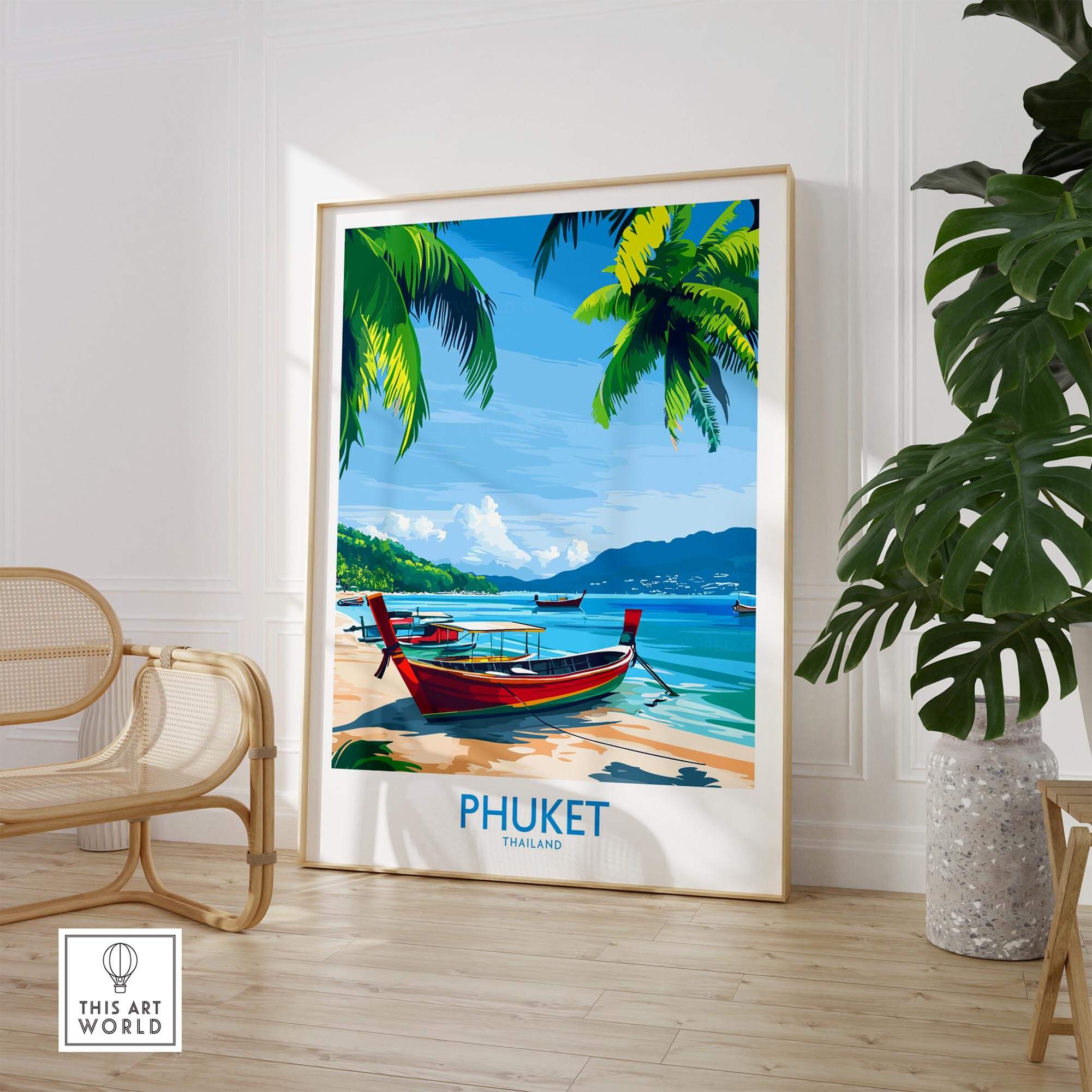 Phuket Print Thailand poster featuring a scenic beach with boats and palm trees in a stylish home setting.