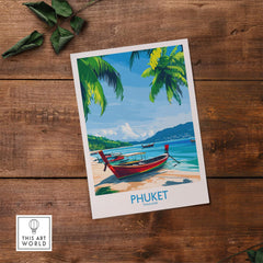 Phuket Print Thailand vibrant wall art poster showcasing a beautiful beach scene with palm trees and colorful boats.