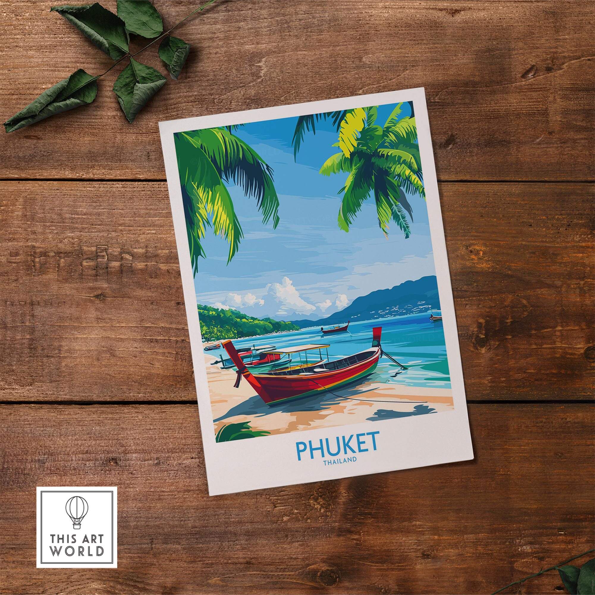 Phuket Print Thailand vibrant wall art poster showcasing a beautiful beach scene with palm trees and colorful boats.