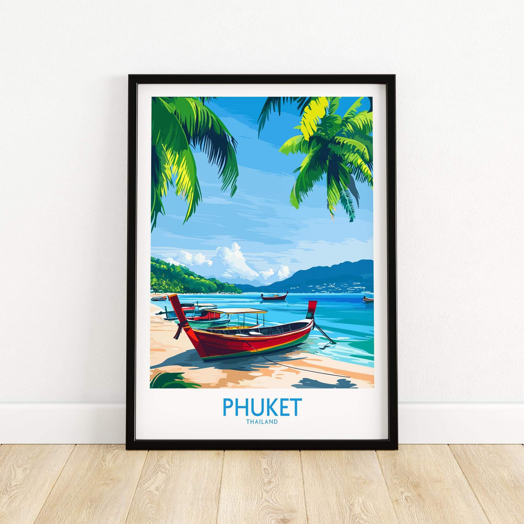 Phuket Print Thailand showcasing a vibrant beach scene with palm trees and traditional boat in a framed poster.