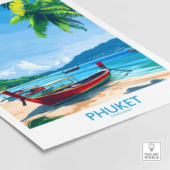 Phuket Print Thailand featuring a colorful boat on a beach with palm trees and vibrant blue waters.