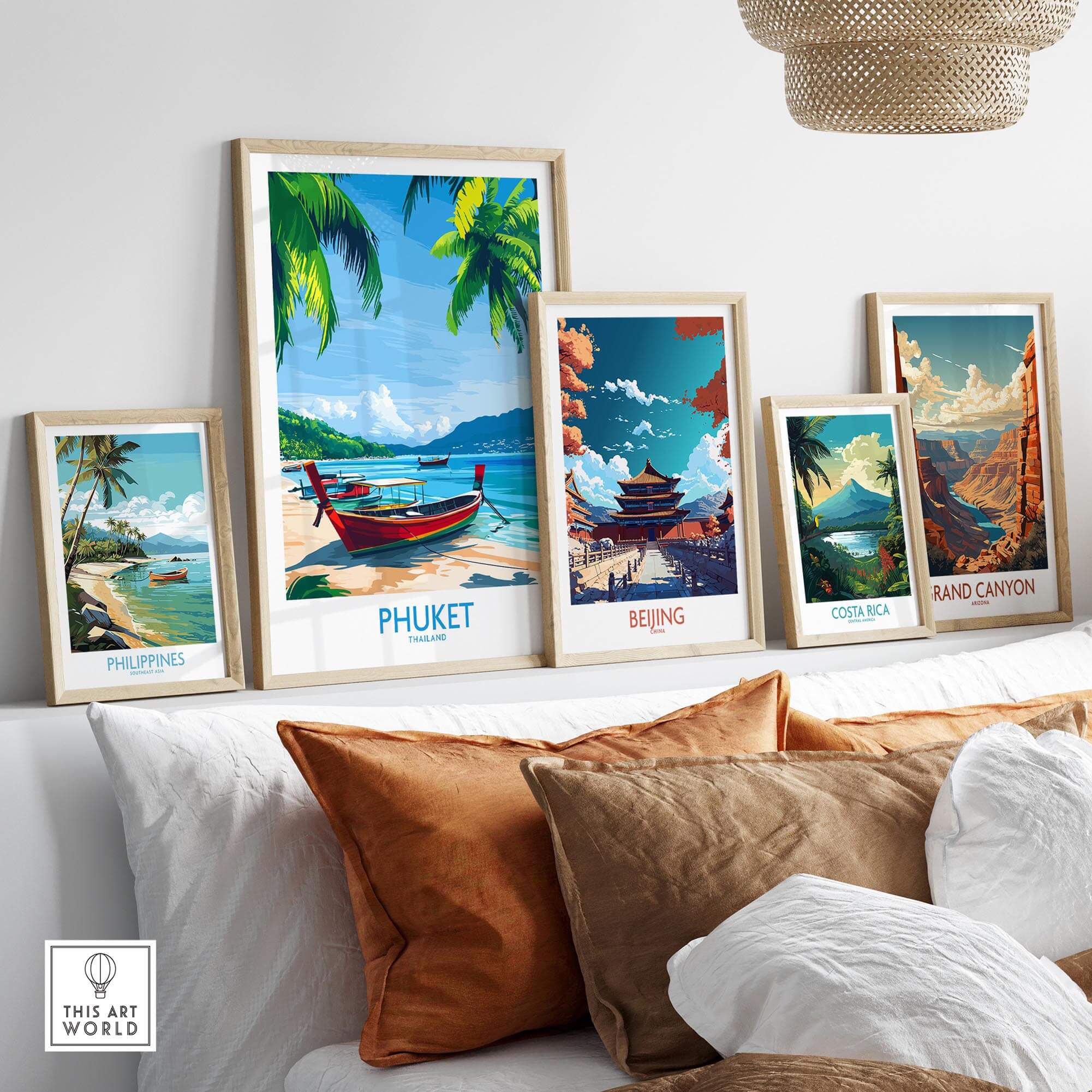 Phuket Print Thailand featuring vibrant wall art posters showcasing beautiful landscapes and cultural landmarks.