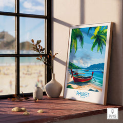 Phuket Print Thailand showcasing a tropical beach scene with palm trees and a colorful boat, perfect wall art.