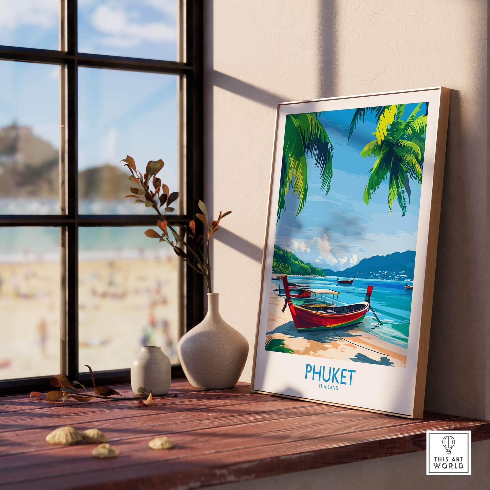 Phuket Print Thailand showcasing a tropical beach scene with palm trees and a colorful boat, perfect wall art.