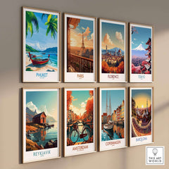 A wall display of travel posters including Phuket Print Thailand, depicting vibrant cityscapes and landscapes.