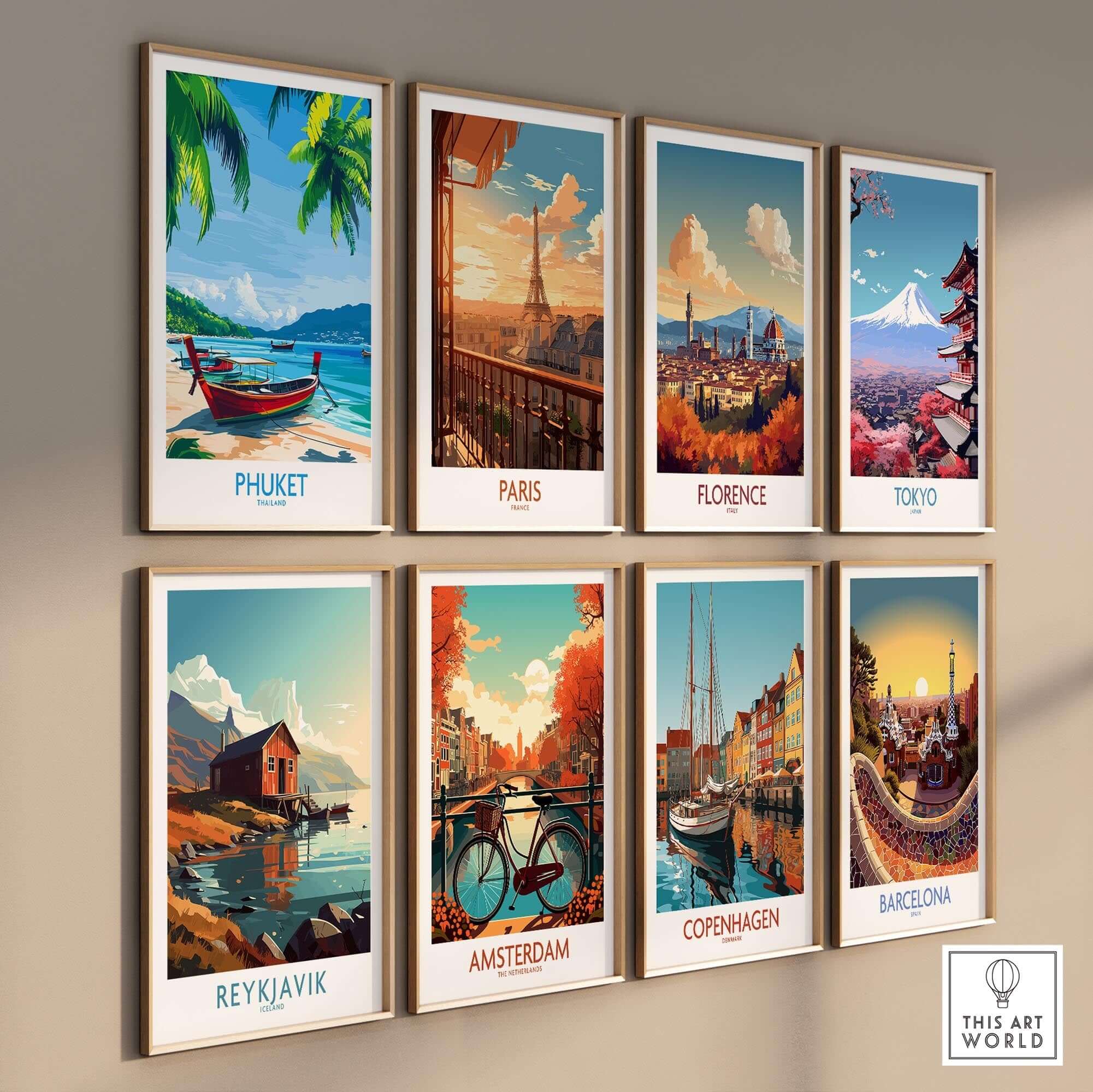 A wall display of travel posters including Phuket Print Thailand, depicting vibrant cityscapes and landscapes.