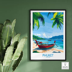 Phuket Print Thailand wall art poster featuring tropical scenery with boats and palm trees.