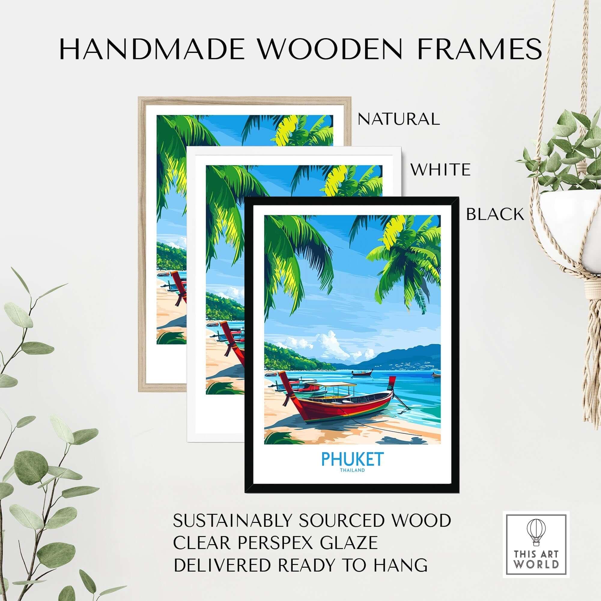 Handmade wooden frames featuring Phuket Print Thailand with sustainably sourced wood and clear Perspex glaze.