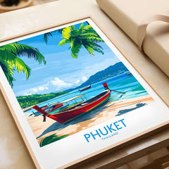 Phuket Print Thailand featuring a vibrant beach scene with a longtail boat and tropical palm trees in a framed poster.