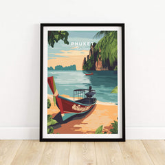 Phuket Print featuring a traditional boat on a beach with vibrant colors and tropical scenery in Thailand.