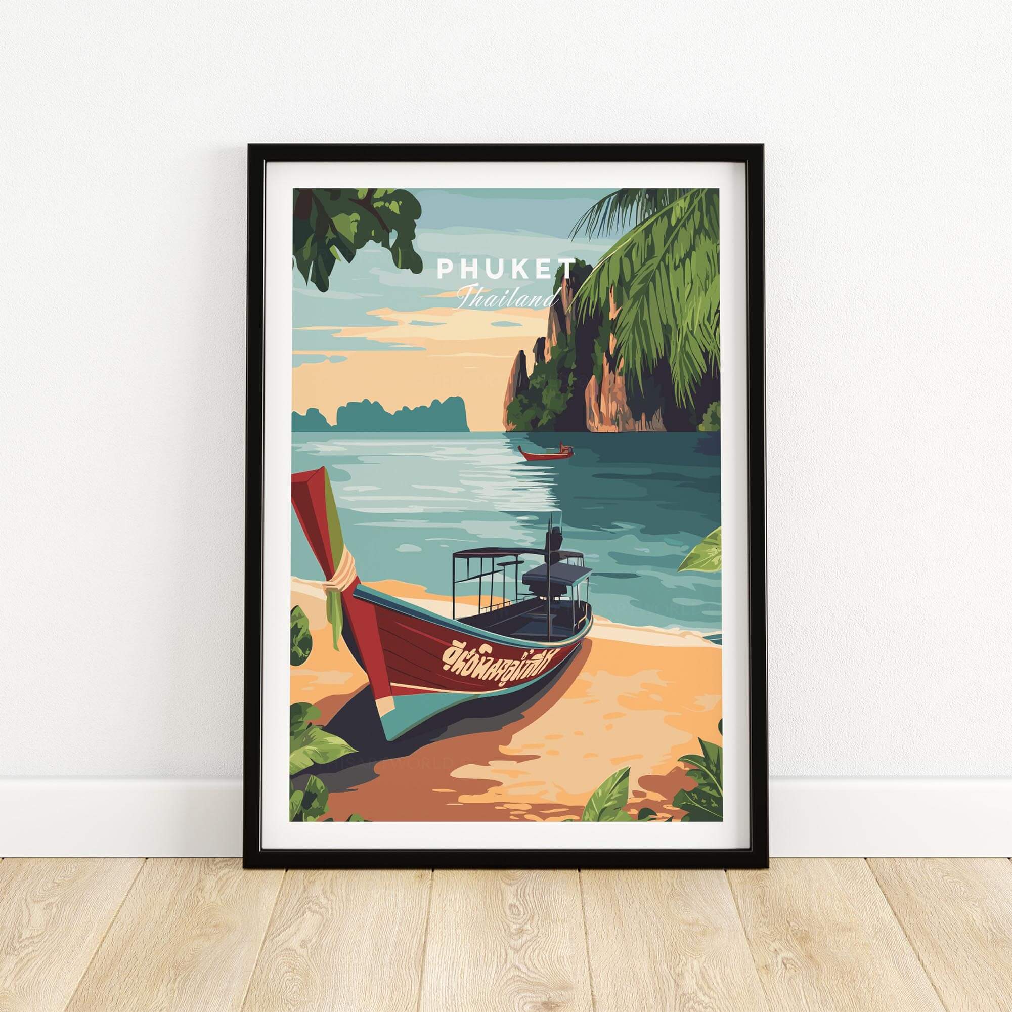 Phuket Print featuring a traditional boat on a beach with vibrant colors and tropical scenery in Thailand.