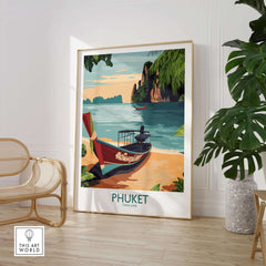 Phuket Thailand Poster showcasing a boat on a beach with tropical scenery, perfect for home decor.