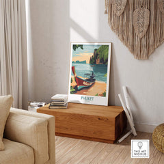 Phuket Thailand Poster displayed in a cozy room, showcasing vibrant tropical scenery and serene beach vibes.