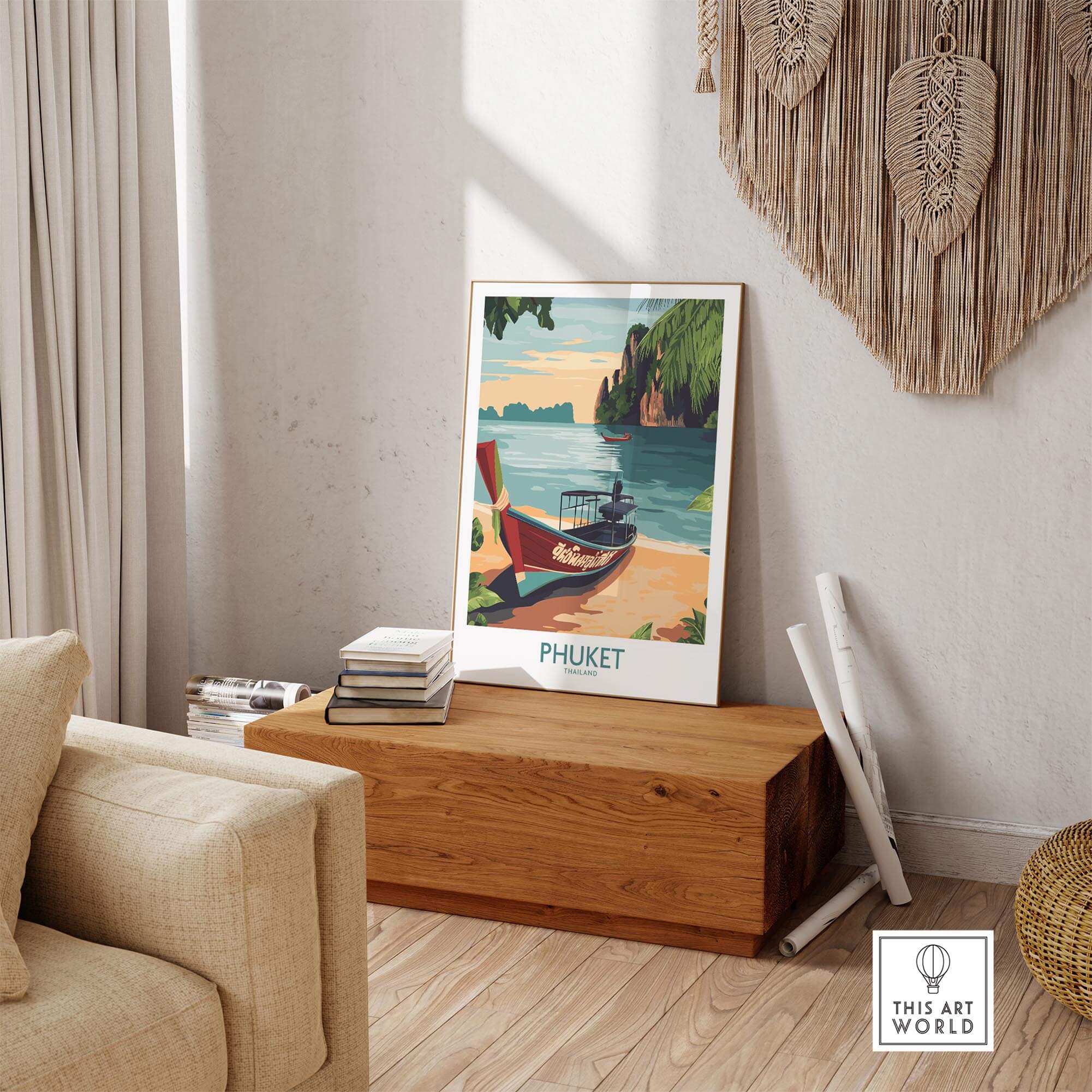 Phuket Thailand Poster displayed in a cozy room, showcasing vibrant tropical scenery and serene beach vibes.