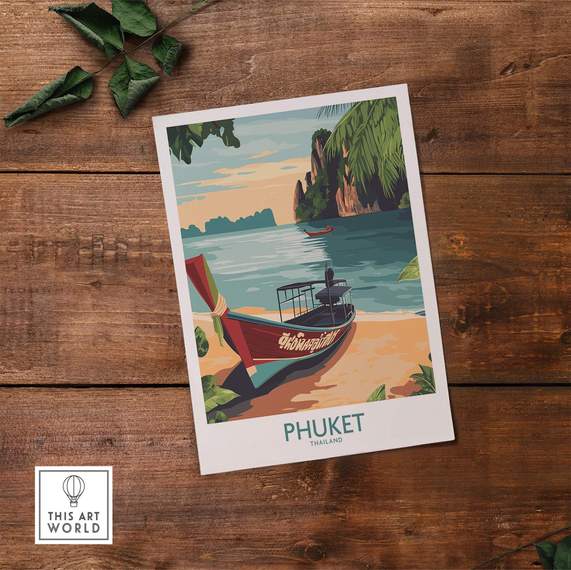Phuket Thailand Poster featuring a scenic view of a boat on a beach with lush greenery in the background.