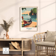 Phuket Thailand Poster featuring a scenic view of a traditional boat on a beach in Phuket, Thailand.