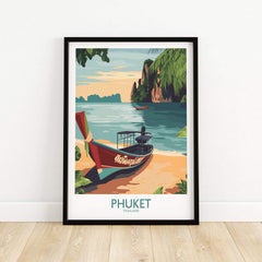 Phuket Thailand Poster featuring a traditional boat near the crystal clear waters of Phuket, Thailand.