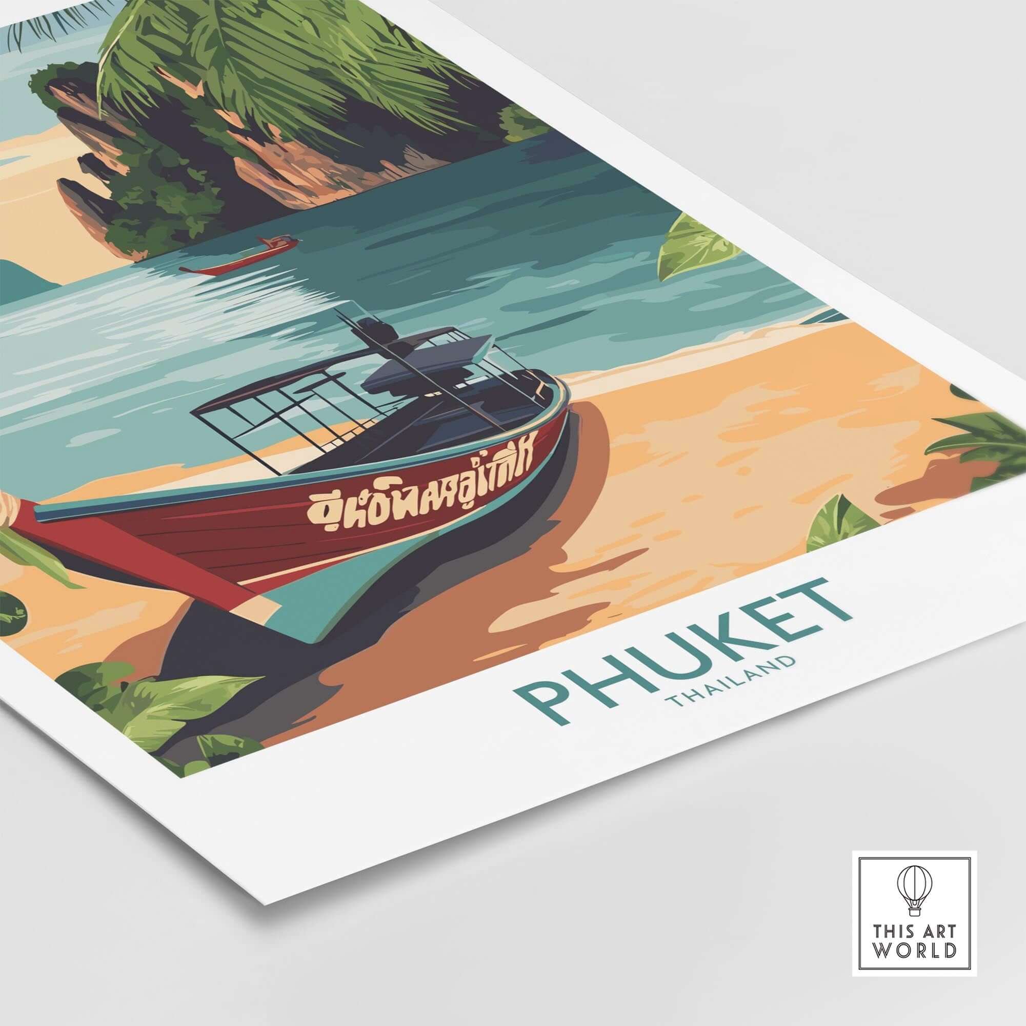 Phuket Thailand Poster featuring a boat on a tropical beach with lush greenery, capturing the essence of Phuket, Thailand.