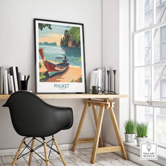 Phuket Thailand Poster showcasing a scenic view of a beach and boat in a stylish interior setting.