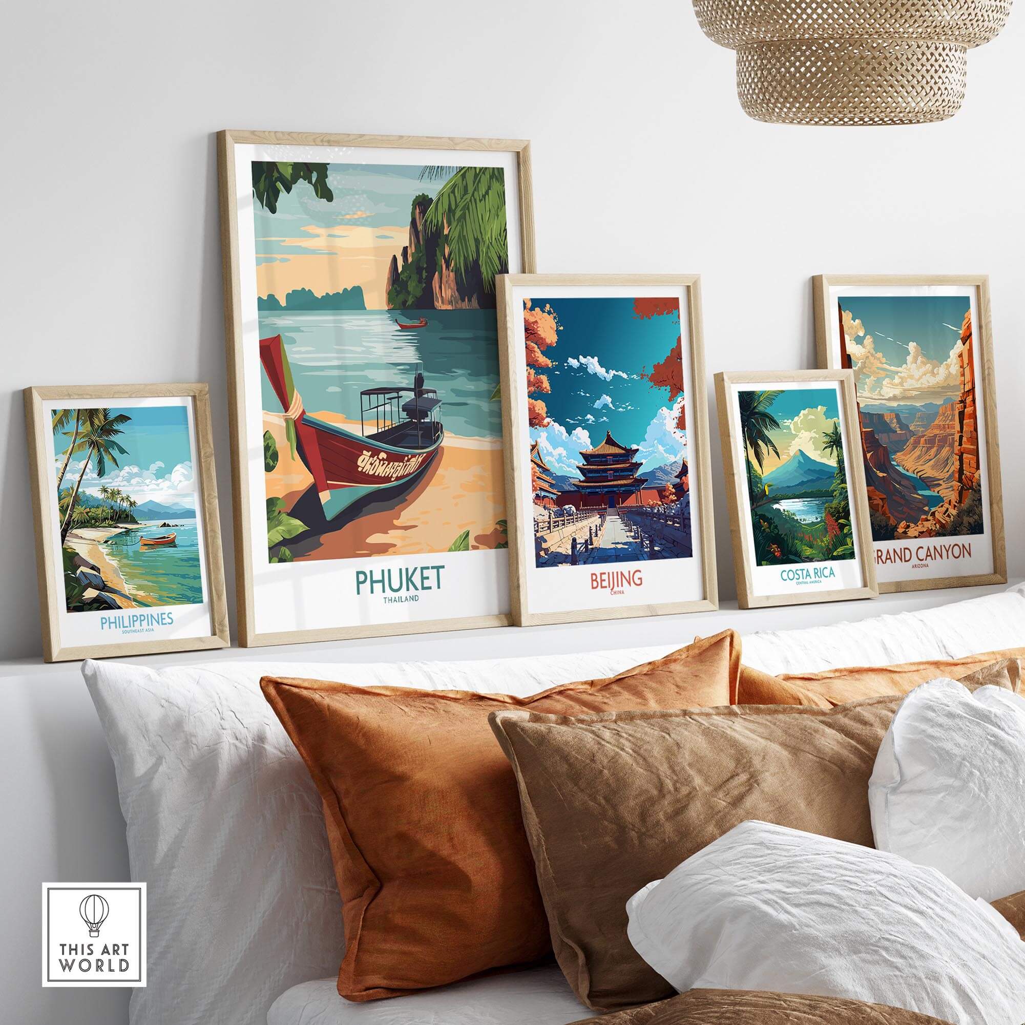 Phuket Thailand Poster displayed among other travel posters in a stylish home decor setting.