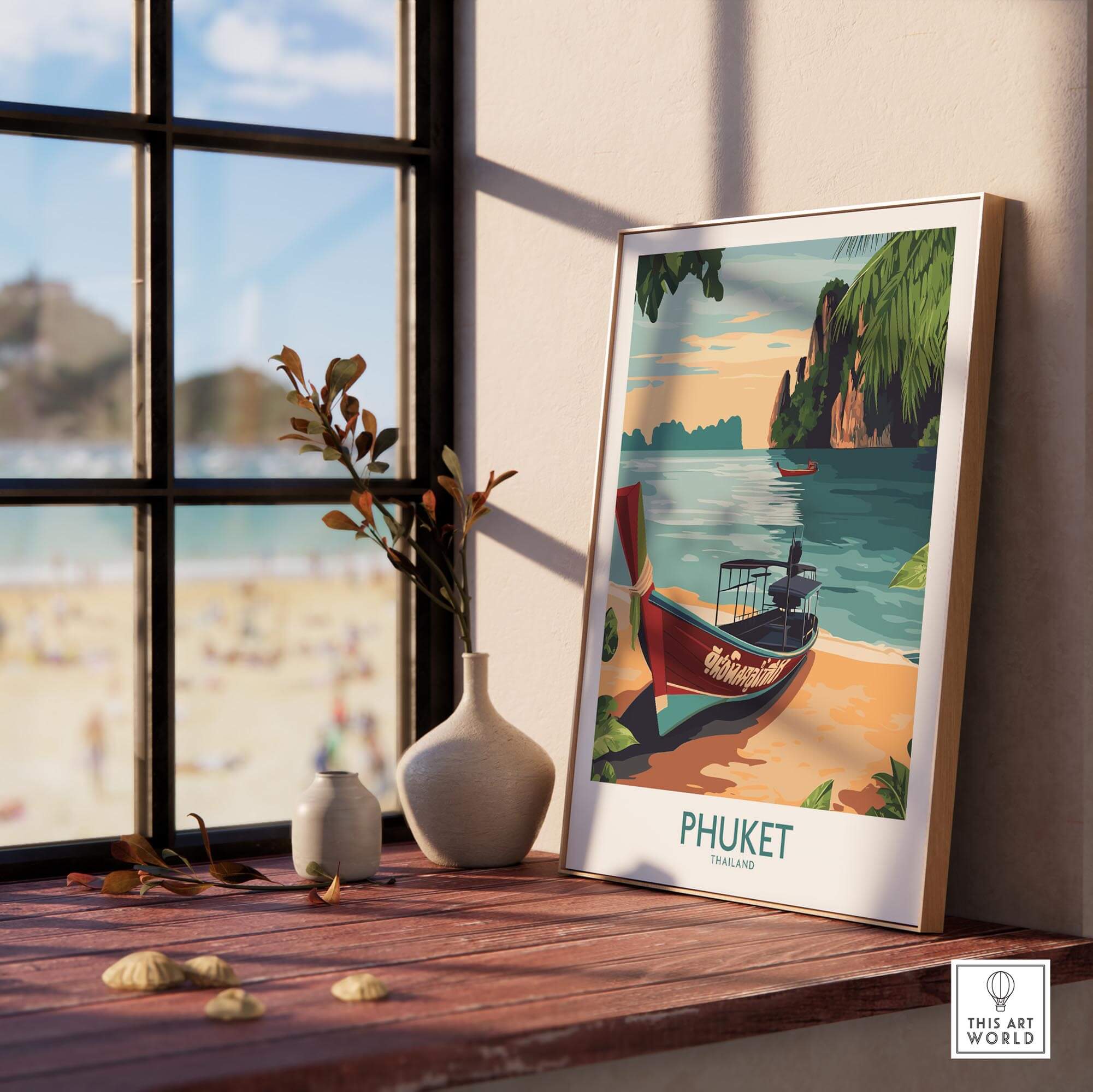 Phuket Thailand Poster showcasing vibrant scenery with a traditional boat by vibrant beaches and crystal clear waters.