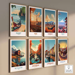 Phuket Thailand Poster and eight iconic travel destination posters on a wall, featuring Paris, Florence, Tokyo, and more.