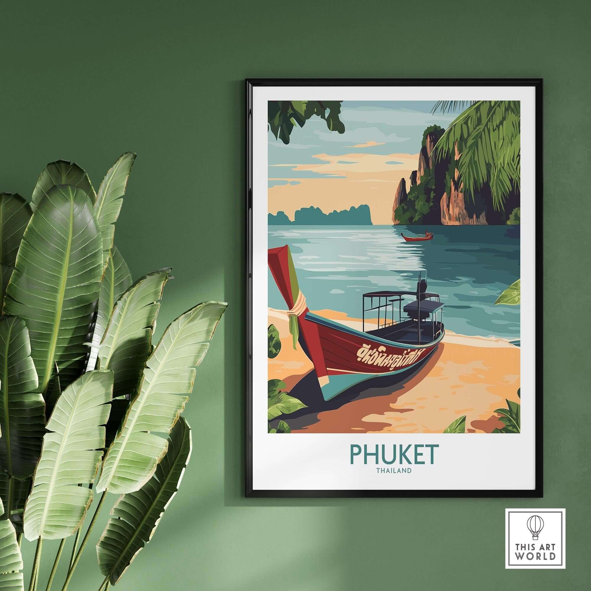 Phuket Thailand Poster showcasing a scenic beach view with a long-tail boat and tropical greenery.
