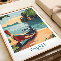 Phuket Thailand Poster featuring a traditional boat on a tropical beach with vibrant scenery.