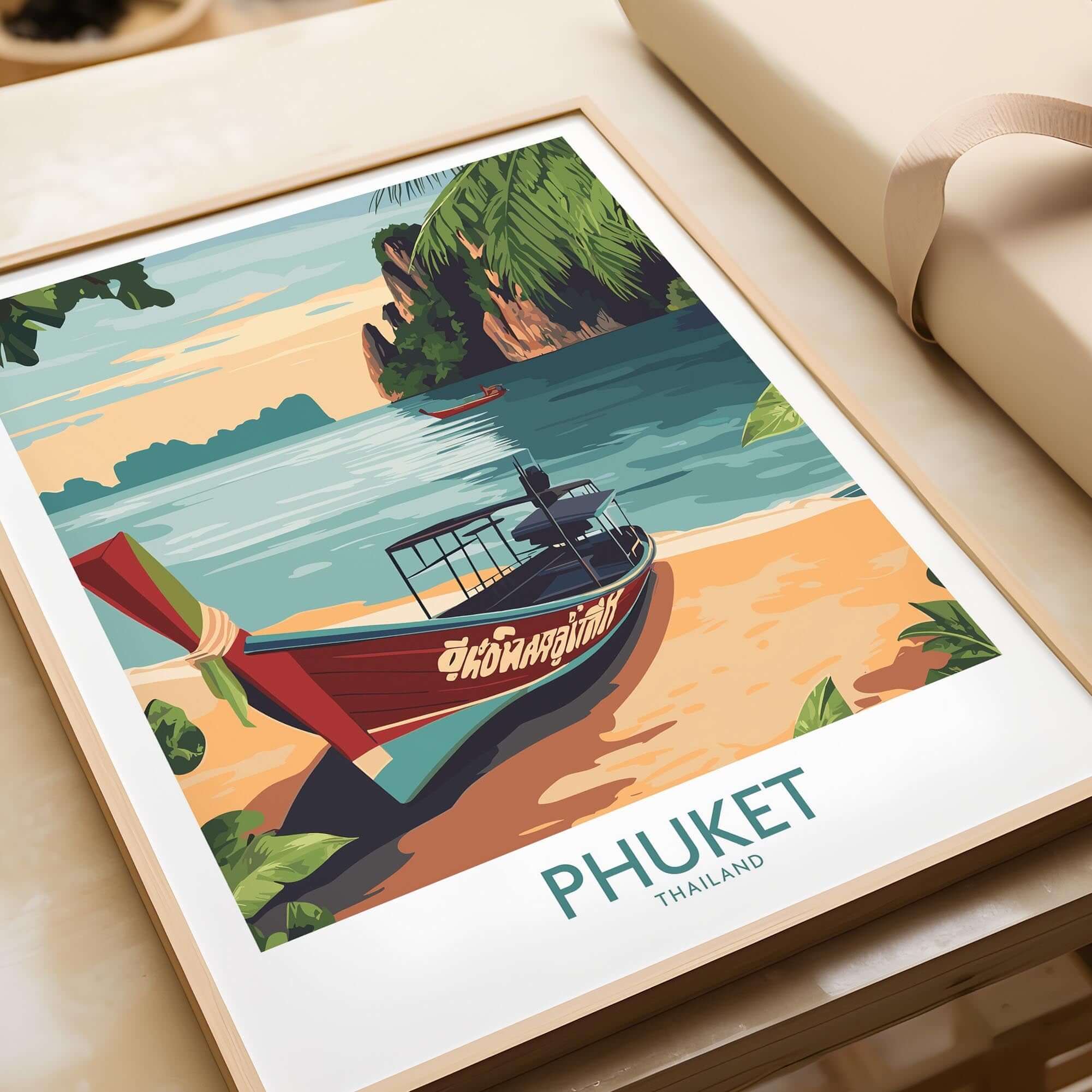 Phuket Thailand Poster featuring a traditional boat on a tropical beach with vibrant scenery.