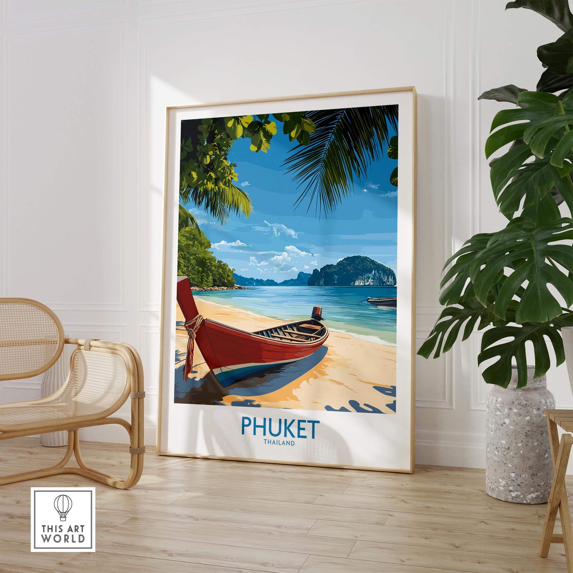 Phuket Travel Poster showcasing a vibrant beach scene with a traditional boat in Thailand, perfect for wall art.