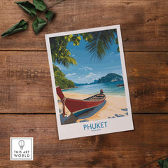 Phuket Travel Poster featuring a scenic beach view and traditional boat, perfect wall art for travel enthusiasts.