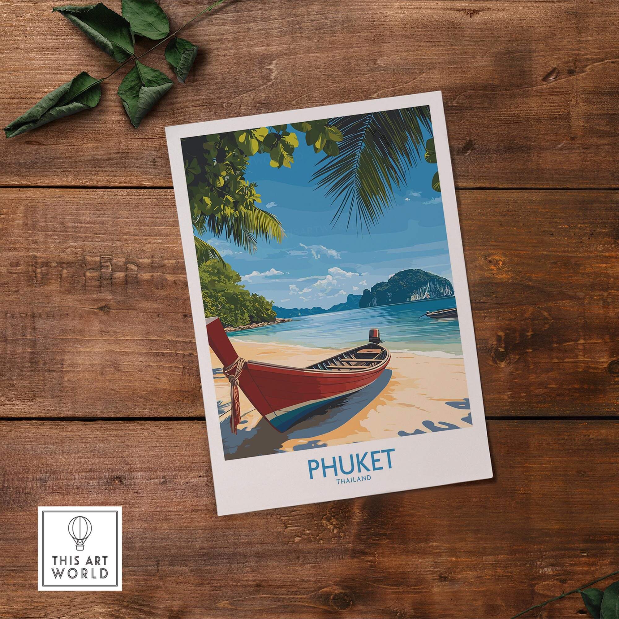 Phuket Travel Poster featuring a scenic beach view and traditional boat, perfect wall art for travel enthusiasts.